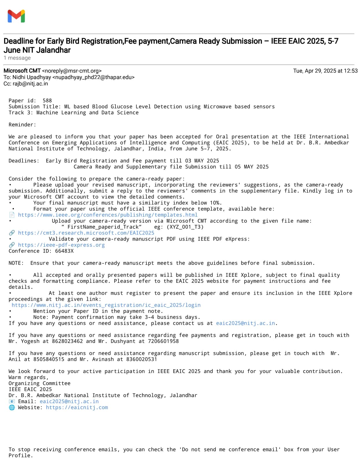 ML-Based Blood Glucose Level Detection Using Microwave-Based Sensors — acceptance page 1