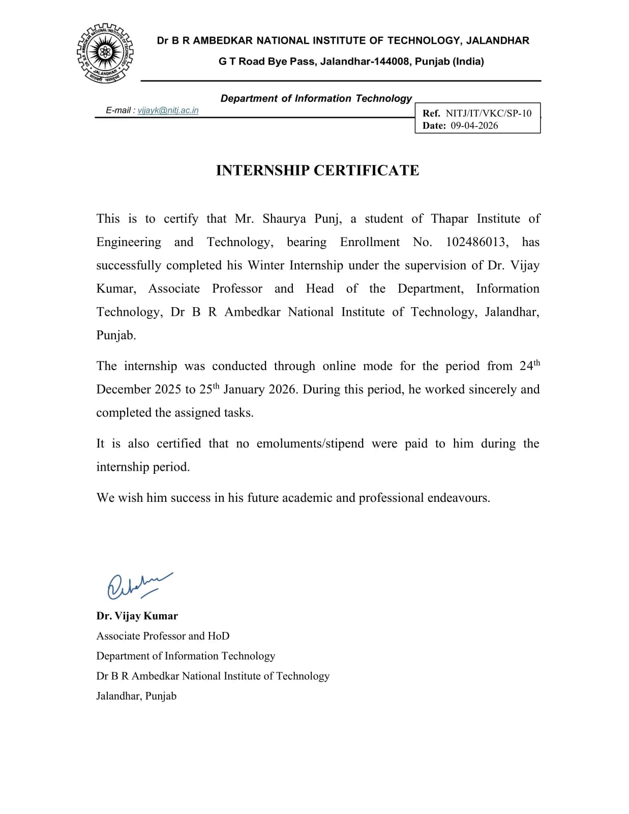 Winter Internship Certificate — acceptance page 1