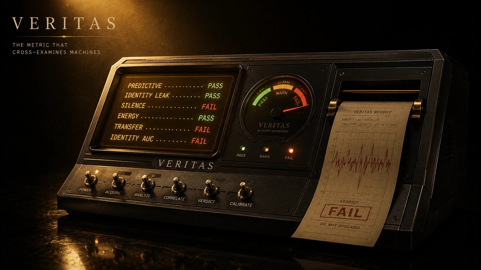 The VERITAS instrument: a benchtop AI-truth analyzer with a live PASS / WARN / FAIL readout, a pass-warn-fail gauge, and a printed verdict slip reading FAIL — DO NOT DISCARD.