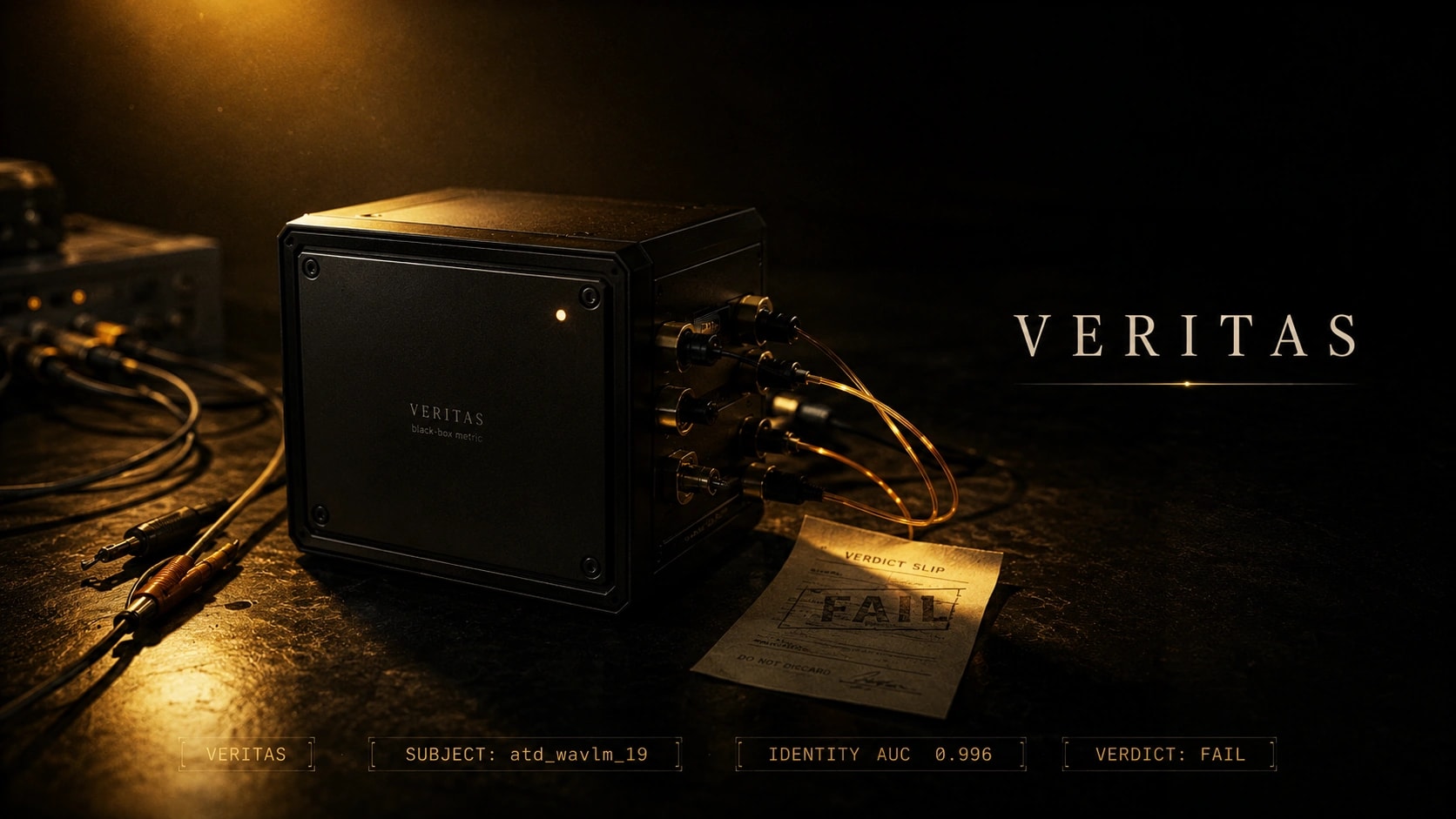 The black-box metric under interrogation — a sealed analyzer wired to amber patch cables beside a torn VERDICT SLIP stamped FAIL.