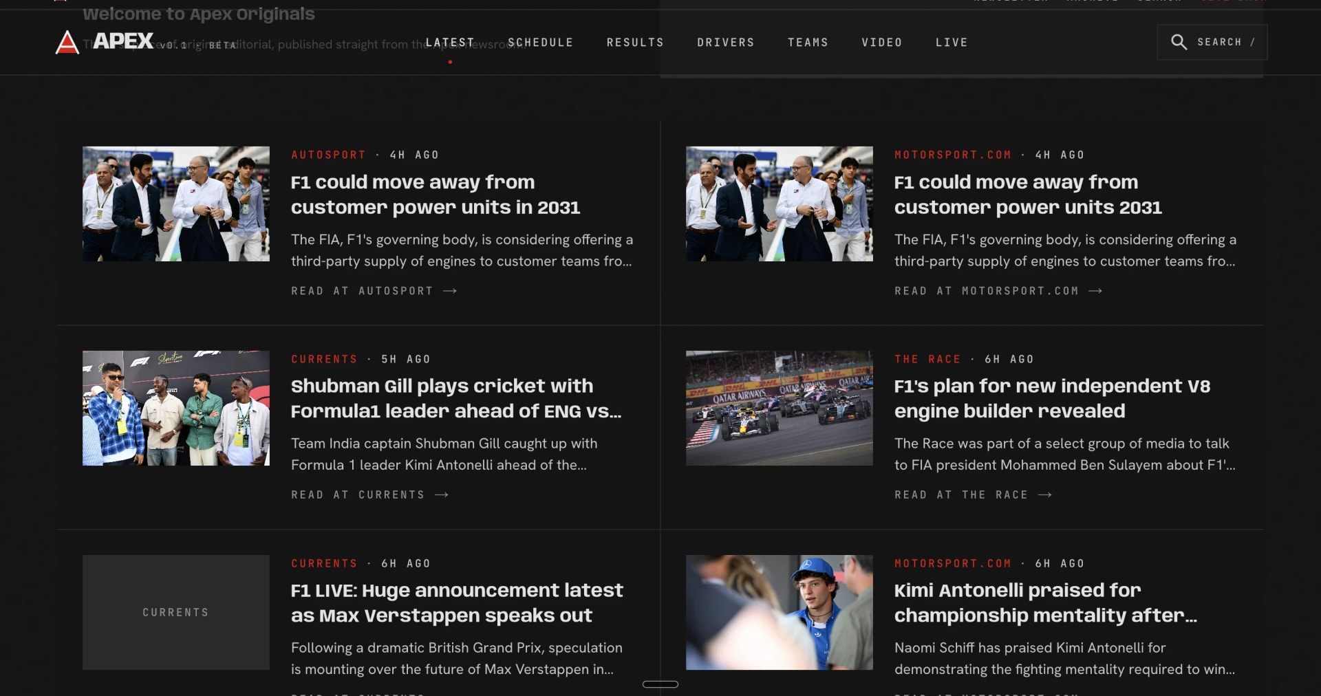 APEX, the real-time Formula 1 platform interface