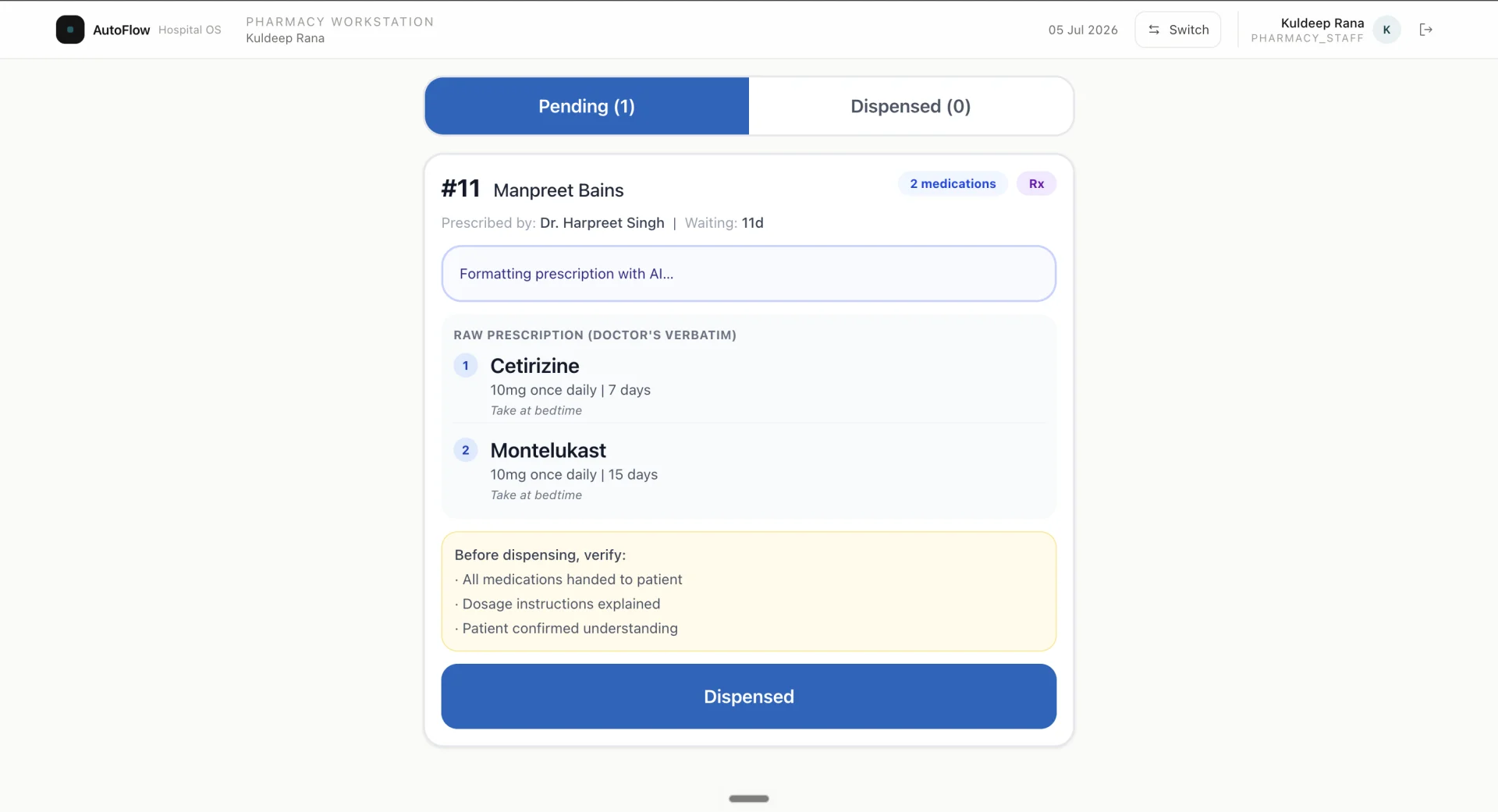 AutoFlow Pharmacy Workstation: an AI-formatted prescription with a human-verified dispensing checklist