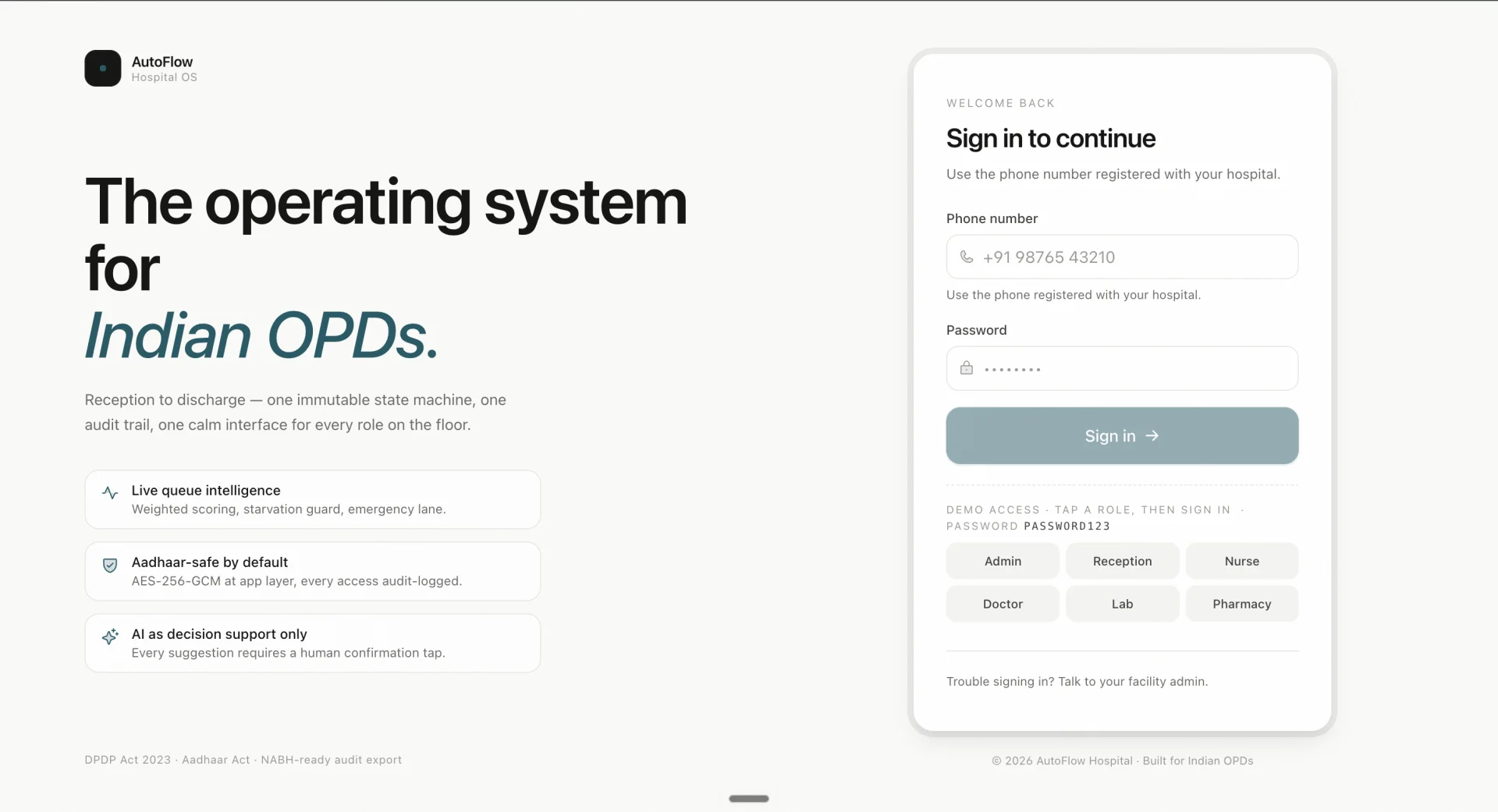 AutoFlow sign-in: role-based demo access across every console, Aadhaar-safe by default