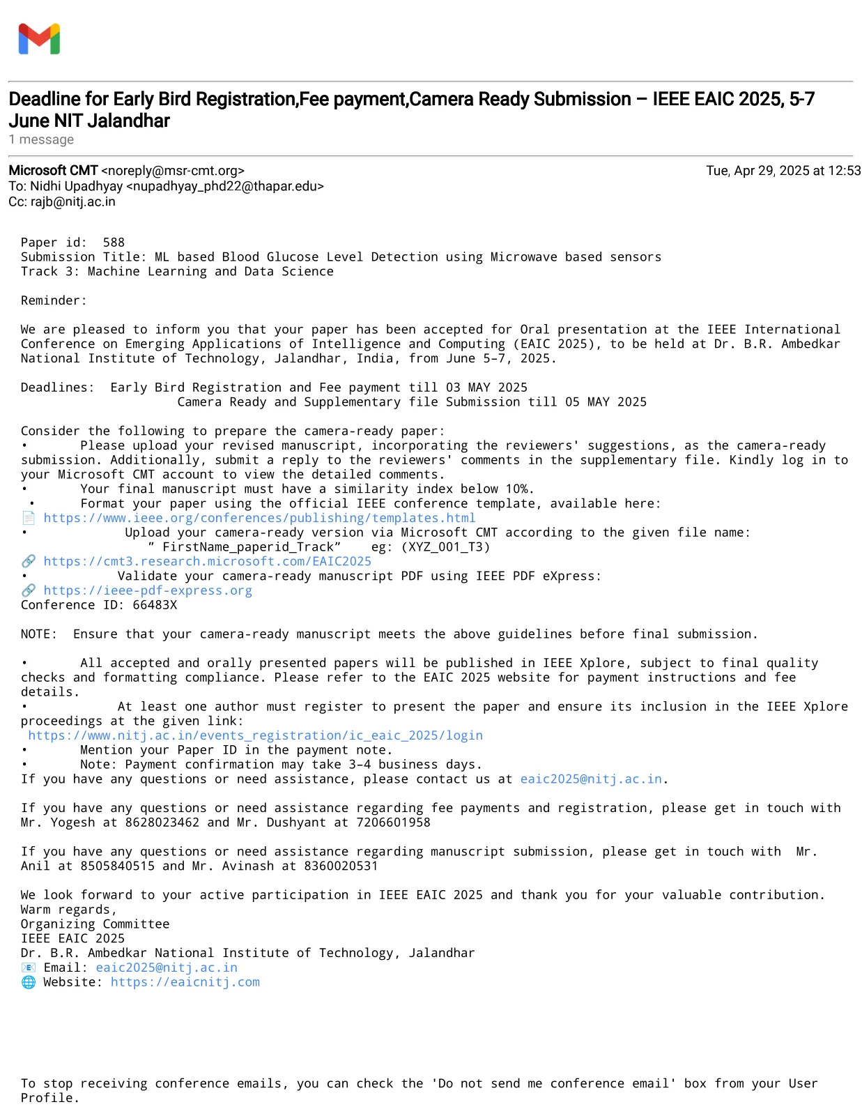 ML-Based Blood Glucose Level Detection Using Microwave-Based Sensors — acceptance page 1
