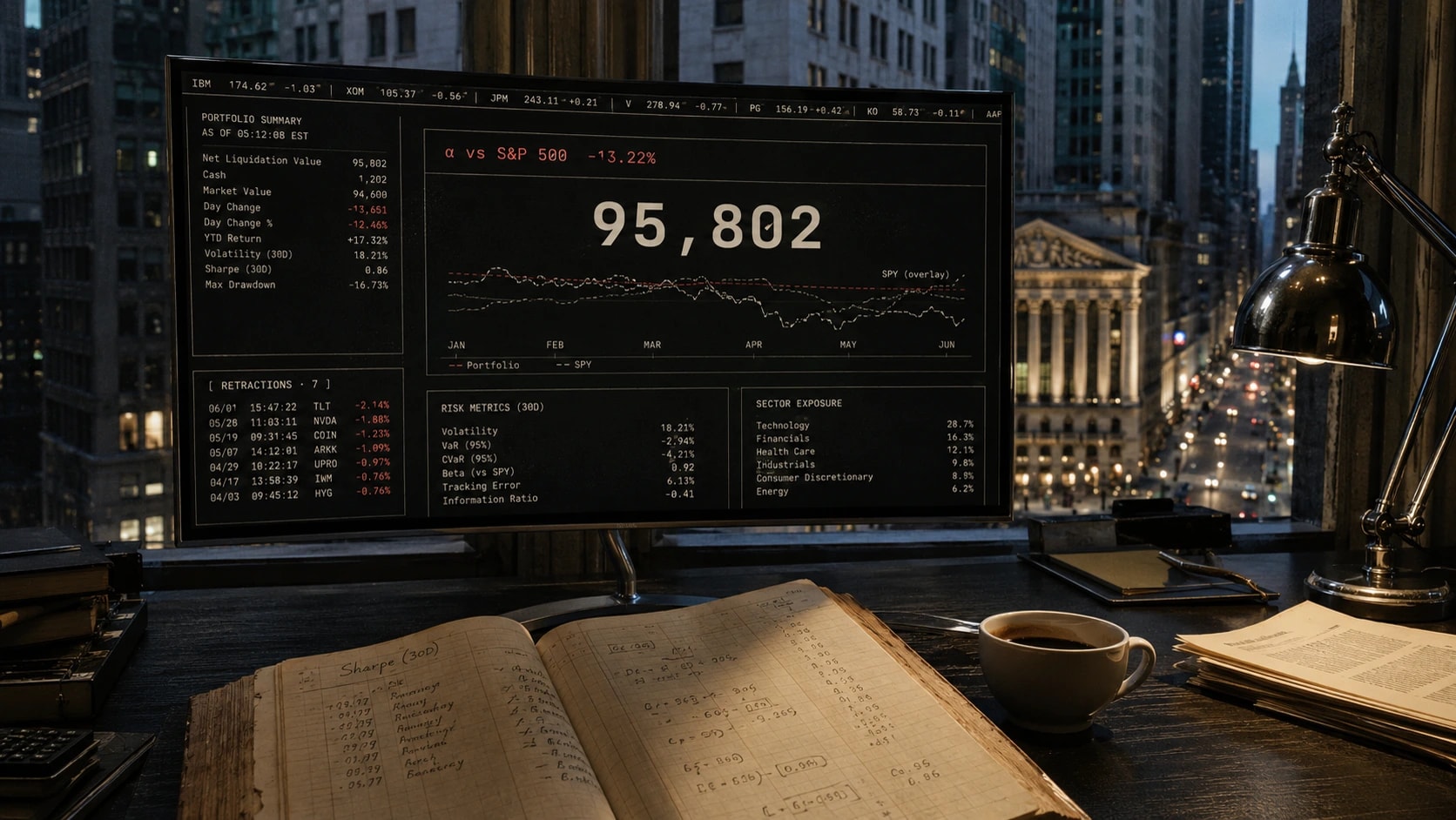 The Deflated Alpha dashboard on a trading desk: live alpha versus the S&P 500 at -13.22 percent, $95,802 equity, and seven retractions, beside a handwritten Sharpe ledger.