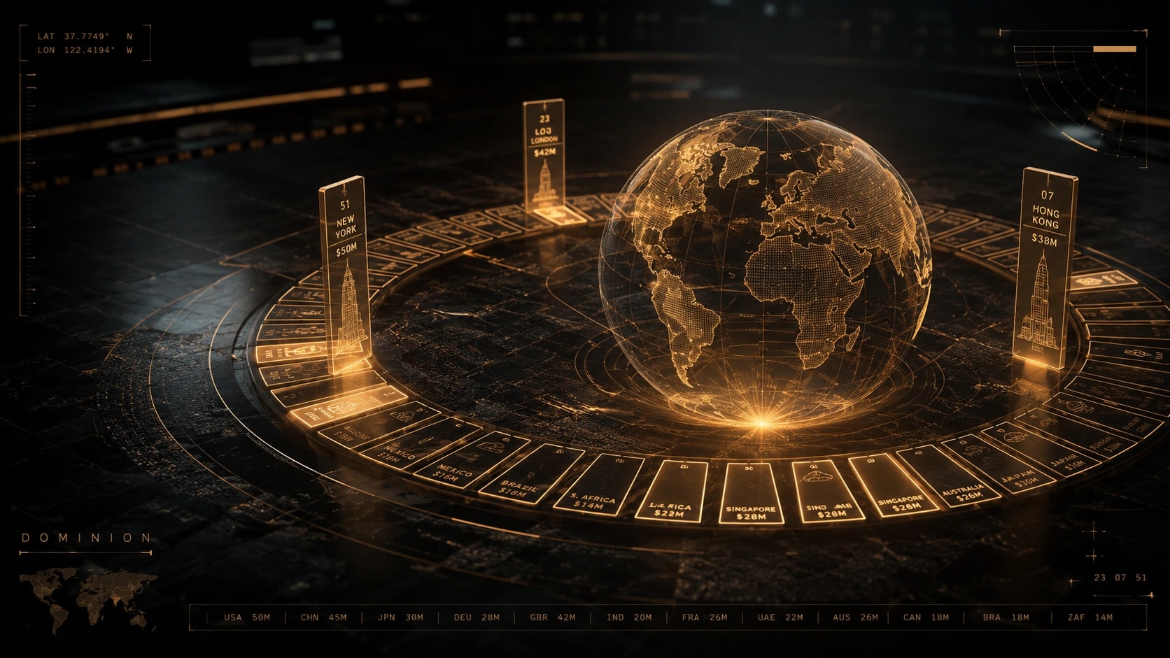 The DOMINION world board — a holographic gold globe ringed by 59 country tiles, with skyscraper title cards for New York, London, and Hong Kong.